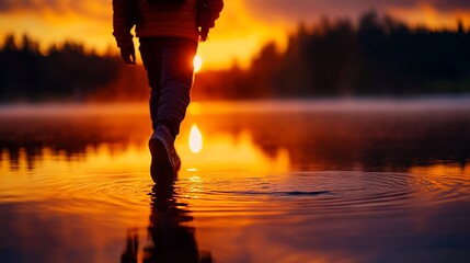 Wall Mural - Sunset hike, person walking lake, misty forest background, travel photography