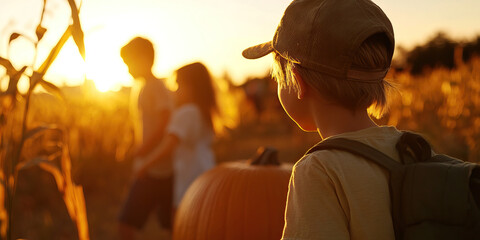 Wall Mural - Boy with Backpack in Cornfield at Sunset