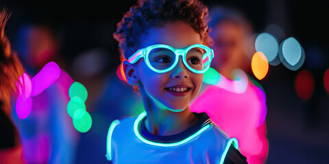 child wearing illuminated glasses and vest at night
