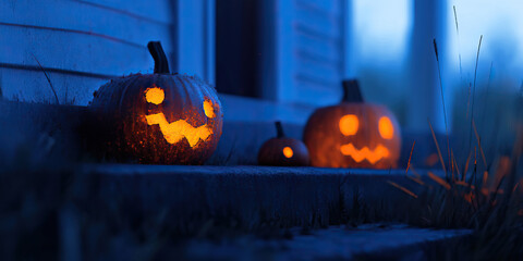 Wall Mural - Three Illuminated Jack-o'-lanterns on Steps at Dusk