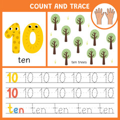 Wall Mural - Number 10 tracing worksheet for kids. Learning numbers activity page for pre-school. Count and trace number ten template with cute trees. Vector illustration