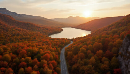 Wall Mural - an impressive autumn landscape, forest and mountains against the sunset, a road to the horizon and a lake, sunlight through clouds, beautiful nature