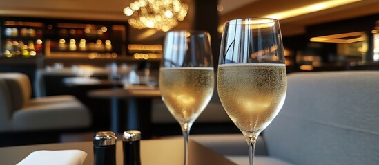 Elegant lounge setting with two champagne glasses on table, blurred background of a sophisticated bar atmosphere and cozy seating.