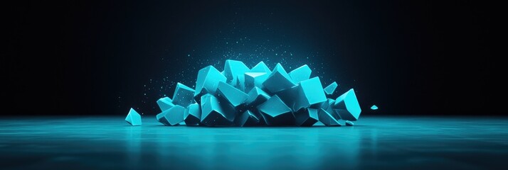 Wall Mural - Glowing blue cubes scattered on a dark reflective surface.