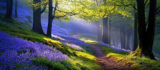 Wall Mural - serene spring forest path with bluebells in northern ireland bathed in soft morning light
