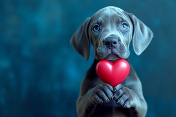 Ad idea. Cute great dane doggy with diamond red heart - sign of love, funny greeting card. Great dane - my beloved dog. Valentine's day pet love. Dog valentine card inspiration. Love animals.