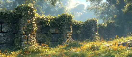 Wall Mural - Stone walls adorned with lush ivy vines in a serene, sunlit forest landscape showcasing nature's beauty and tranquility.