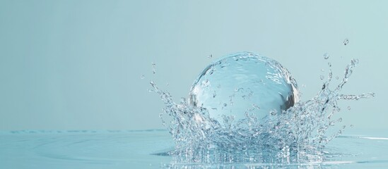 Sticker - Water splash with a sphere of clear water on a serene blue background reflecting beautifully on the water's surface