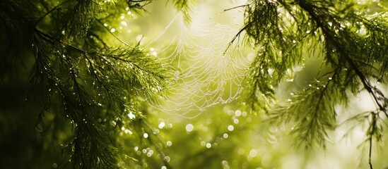 Wall Mural - dew-kissed spider web glistening between lush cypress leaves in a tranquil forest setting illuminate