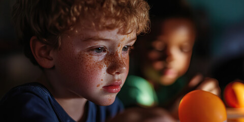 Wall Mural - Close-up Portrait of Freckled Child with Blurred Background