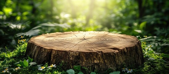 Wall Mural - forest stump surrounded by lush greenery and sunlight creating a serene nature atmosphere in a tranq