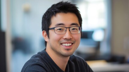 professional asian male software developer smiling at desk in modern workplace environment during wo
