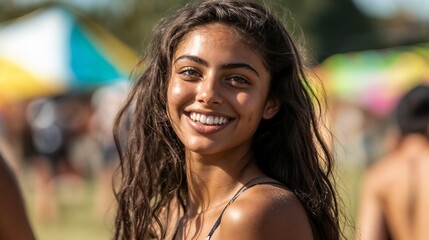 Wall Mural - Young woman with radiant smile at outdoor festival. Perfect for summer events, natural beauty, and joyful lifestyle content.