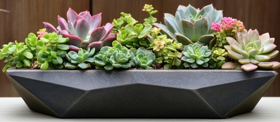 Sticker - Succulent garden arrangement in a contemporary geometric planter showcasing vibrant colors and diverse textures of succulent plants.