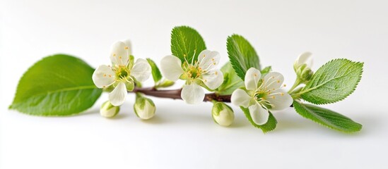 Wall Mural - spring branch with delicate white flowers and green leaves isolated on a white background showcasing