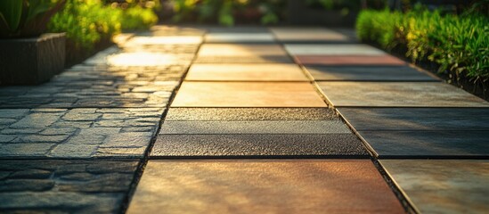 Sticker - Textured paving slabs creating a picturesque pathway in a landscaped garden during golden hour light.