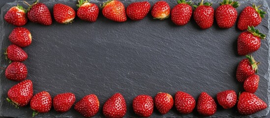 Sticker - Fresh strawberries arranged in a rectangular frame on a rustic slate slab with ample copyspace for creative designs or promotions.