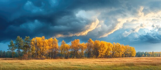 Wall Mural - Stormy autumn sunset over mixed forest with vibrant trees and dramatic clouds, featuring ample copy space for text or graphics.