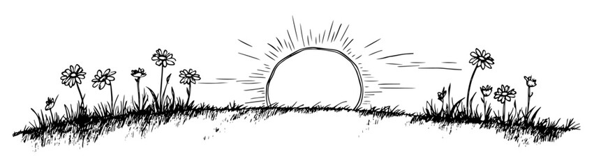 Wall Mural - sunrise over grass field vector doodle black sketch illustration