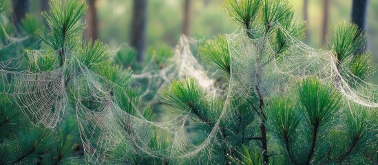 Wall Mural - delicate spider webs glistening in sunlight among lush pine tree branches in a serene forest setting