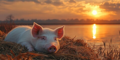 A serene moment captured as a white pig snuggles on a hay mound; soft fur gleams under gentle light. Its head tilts right, while curious ears point left, inviting a sense of peaceful contentment