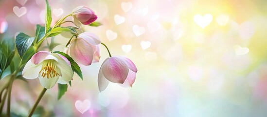 Wall Mural - spring hellebore flowers with soft heart bokeh background in pastel tones and selective focus for a 