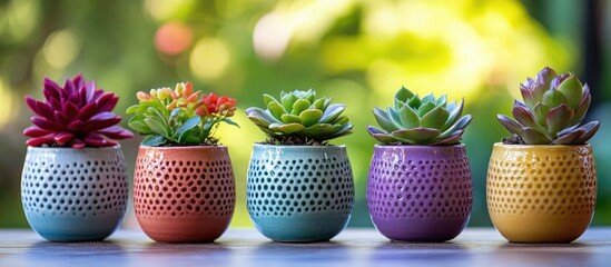 Sticker - Vibrant assortment of small potted succulents showcasing diverse colors and textures in stylish ceramic containers.