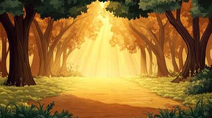 Sticker - Sunlit enchanted forest pathway with golden rays illuminating the scene and ample copyspace for text or branding elements.