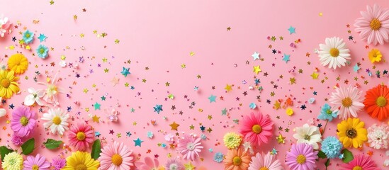 Wall Mural - vibrant spring flowers and colorful stars scattered on a soft pink background in a whimsical flat la