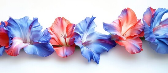 Wall Mural - vibrant blue and red gladiolus petals on white background macro shot symbolizing beauty and elegance