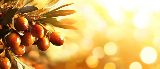 Wall Mural - sunset illuminated organic olives on the branch creating a warm and inviting atmosphere with space f