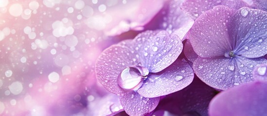 Wall Mural - sporadic raindrops on vibrant purple petals with a dreamy blurred background creating a serene flora