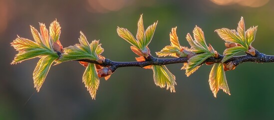 Wall Mural - fresh green leaves on spring branches showcasing vibrant new growth against a soft blurred backgroun