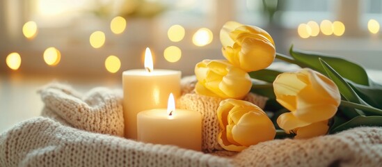 Wall Mural - spring setting featuring vibrant yellow tulips, lit candles, and a cozy knitted texture for a warm a