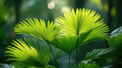 Wall Mural - lush green palm leaves creating a serene backdrop with soft light for text overlay set in a tranquil