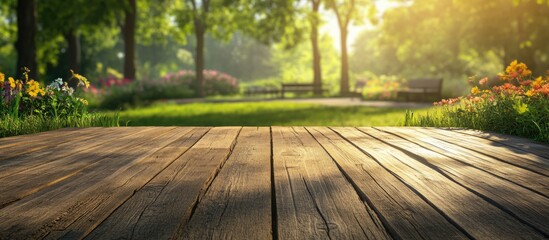 Wall Mural - serene park scene with wooden deck surrounded by vibrant flowers and lush greenery in warm morning l