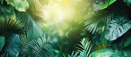 Wall Mural - sunlight filtering through lush green forest leaves with natural serenity and space for text overlay