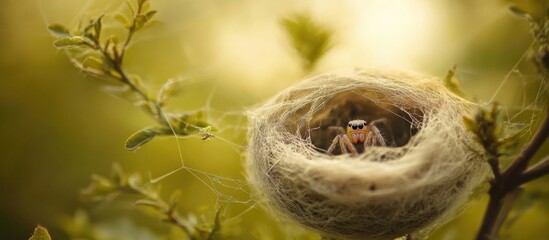 Sticker - Little spider resting in its cozy nest surrounded by greenery and soft light in a serene natural setting.