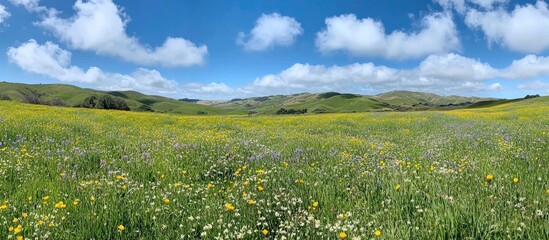 Wall Mural - vibrant spring green field with wildflowers under a bright blue sky and fluffy clouds on a sunny day