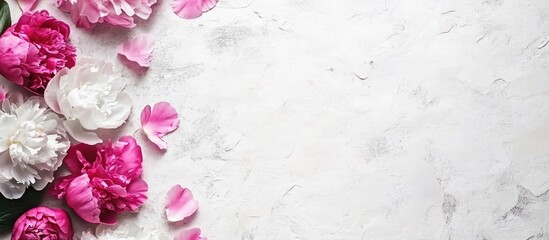 Wall Mural - feminine floral arrangement of vibrant peony flowers on textured background with ample copy space fo