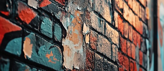 Artistic weathered street poster on textured brick wall creating a vibrant urban aesthetic with peeling layers and colorful graffiti elements.