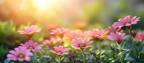 Wall Mural - Vibrant osteospermum pink flowers blooming in a sunlit garden with soft bokeh and lush greenery creating a serene spring atmosphere.