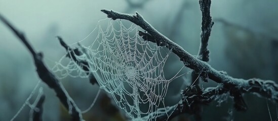 Sticker - Delicate spider web glistening on a dead plant in a misty, damp morning atmosphere showcasing nature's intricate beauty.