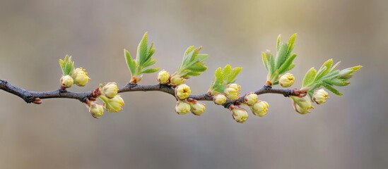 Wall Mural - springtime elm twig showcasing fresh leaves and delicate flowers on a blurred natural background in 