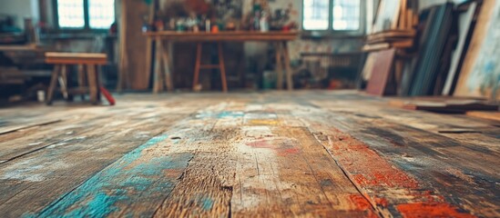 Wall Mural - Artistic wooden floor with vibrant paint stains in a creative workspace for handcrafted furniture and artistry.