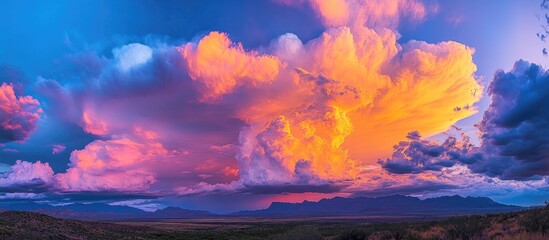 Wall Mural - Vibrant sunset clouds illuminating the sky with dramatic colors over a serene landscape creating a breathtaking natural display.