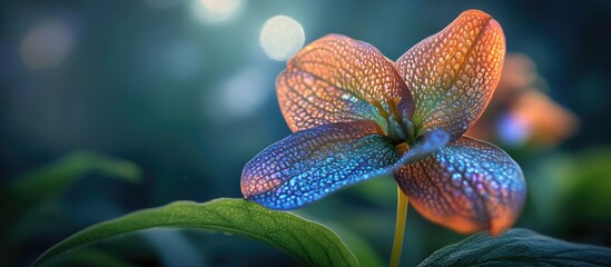 Wall Mural - vibrant and unusual flower with luminous petals in a misty garden setting