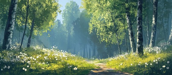 Sticker - Serene springtime forest scene in the Swedish countryside showcasing vibrant greenery and blooming wildflowers.