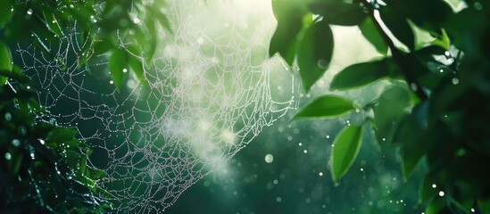 Wall Mural - delicate spiderweb glistening with dew amidst lush green foliage in a serene natural setting illumin