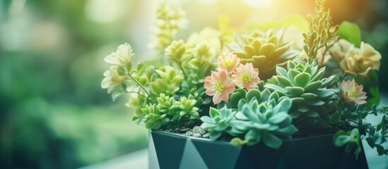 Wall Mural - succulent plants in contemporary geometric flowerpot illuminated by soft sunlight in a serene garden